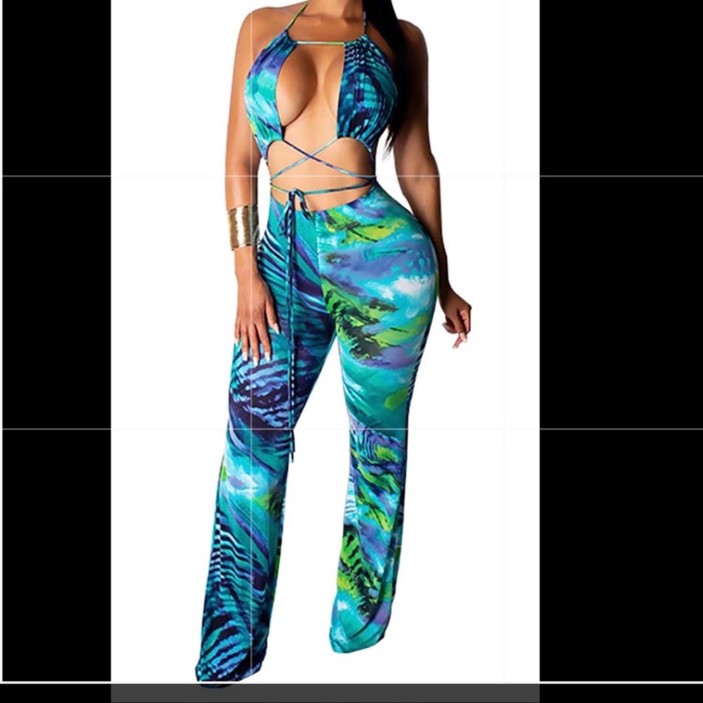 Open Strap Blue Bodycon Jumpsuit, S